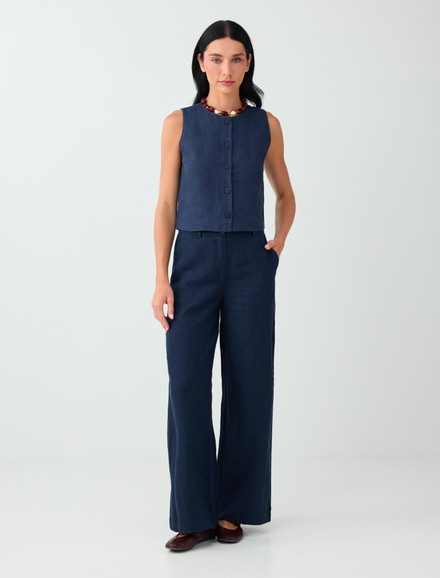 Dark Blue 100% Linen Regular Waist Woven Pants - JIMMY KEY