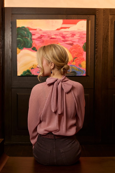 Pink Long Sleeve Tie Neck Relaxed Fit Mesh Knitted Blouse - JIMMY KEY