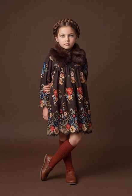 Brocade And Floral Printed Dress With Detachable Fur Collar - MONNA ROSA