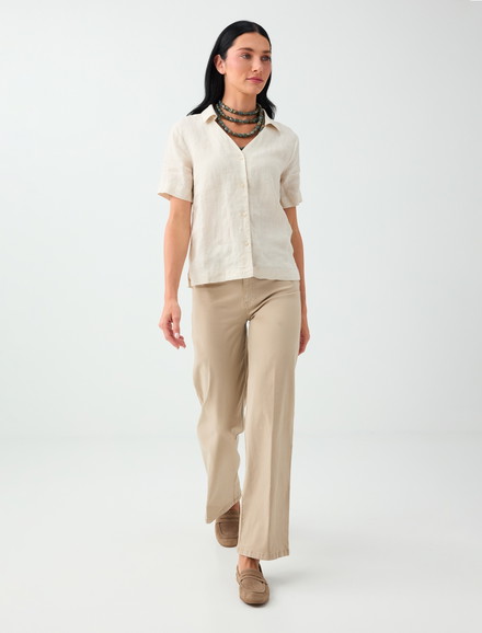 Beige High-Waisted, Wide-Leg Cotton Stretch Pants - JIMMY KEY