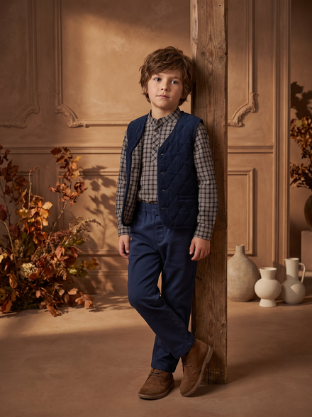 Boys' Quilted Velvet Vest 3-Piece Set - Navy Blue - MONNA ROSA