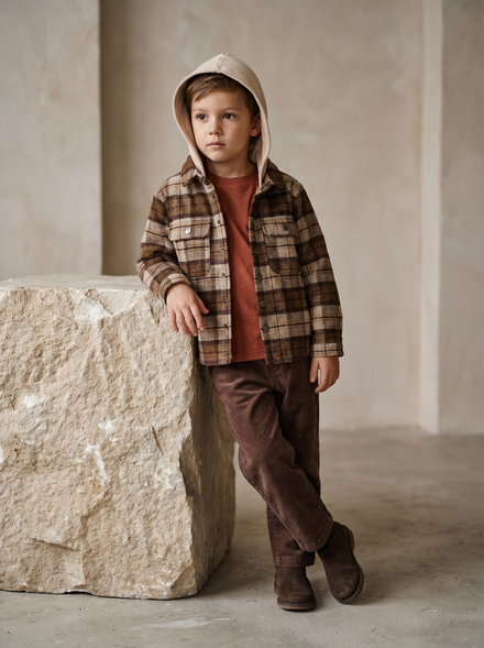 Piece Set: Wool Jacket With Removable Hood, Flannel Shirt And Corduroy Pants - MONNA ROSA