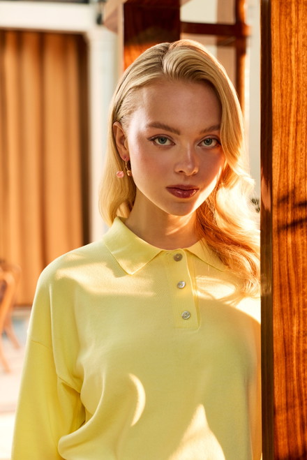 Yellow Relaxed Fit Polo Collar Elbow Sleeve Knit Blouse - JIMMY KEY
