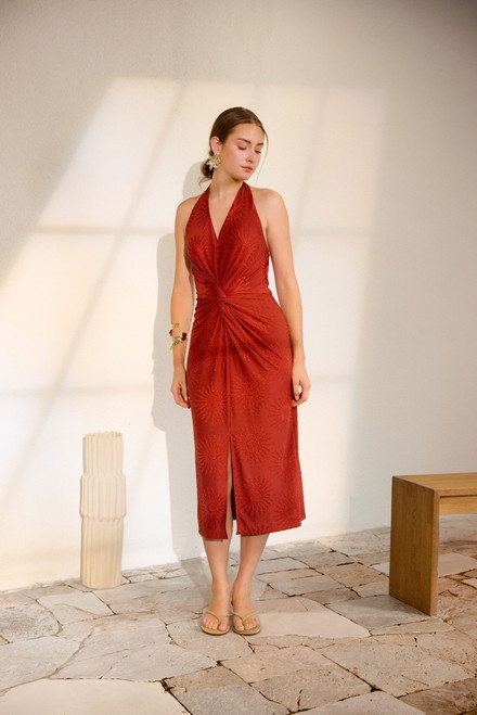 Red V-Neck, Knot-Detail, Patterned Midi Dress - JIMMY KEY