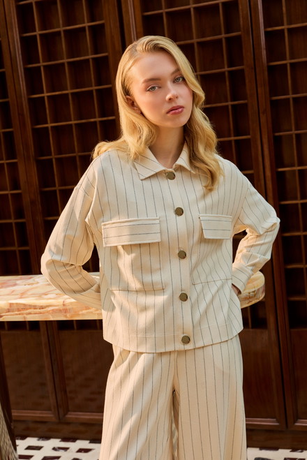 Ecru Knitted Jacket With Line Patterned Shiny Button Detail - JIMMY KEY