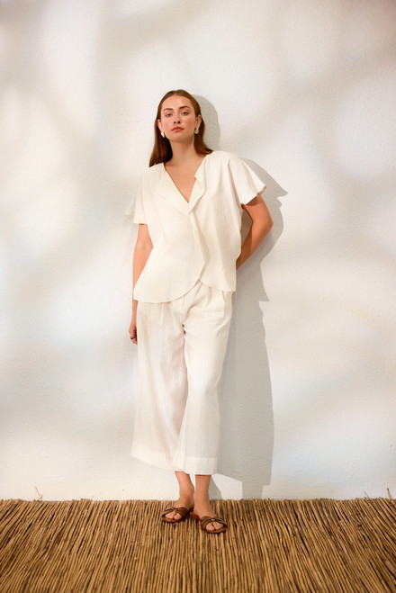 White Straight Cut Trouser Sleeve Modal Woven Shirt - JIMMY KEY